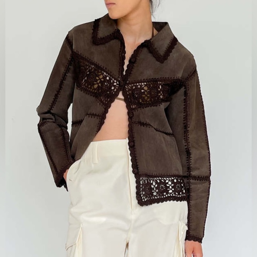 Brown Crochet-Trim Suede Jacket - Women’s Blazer